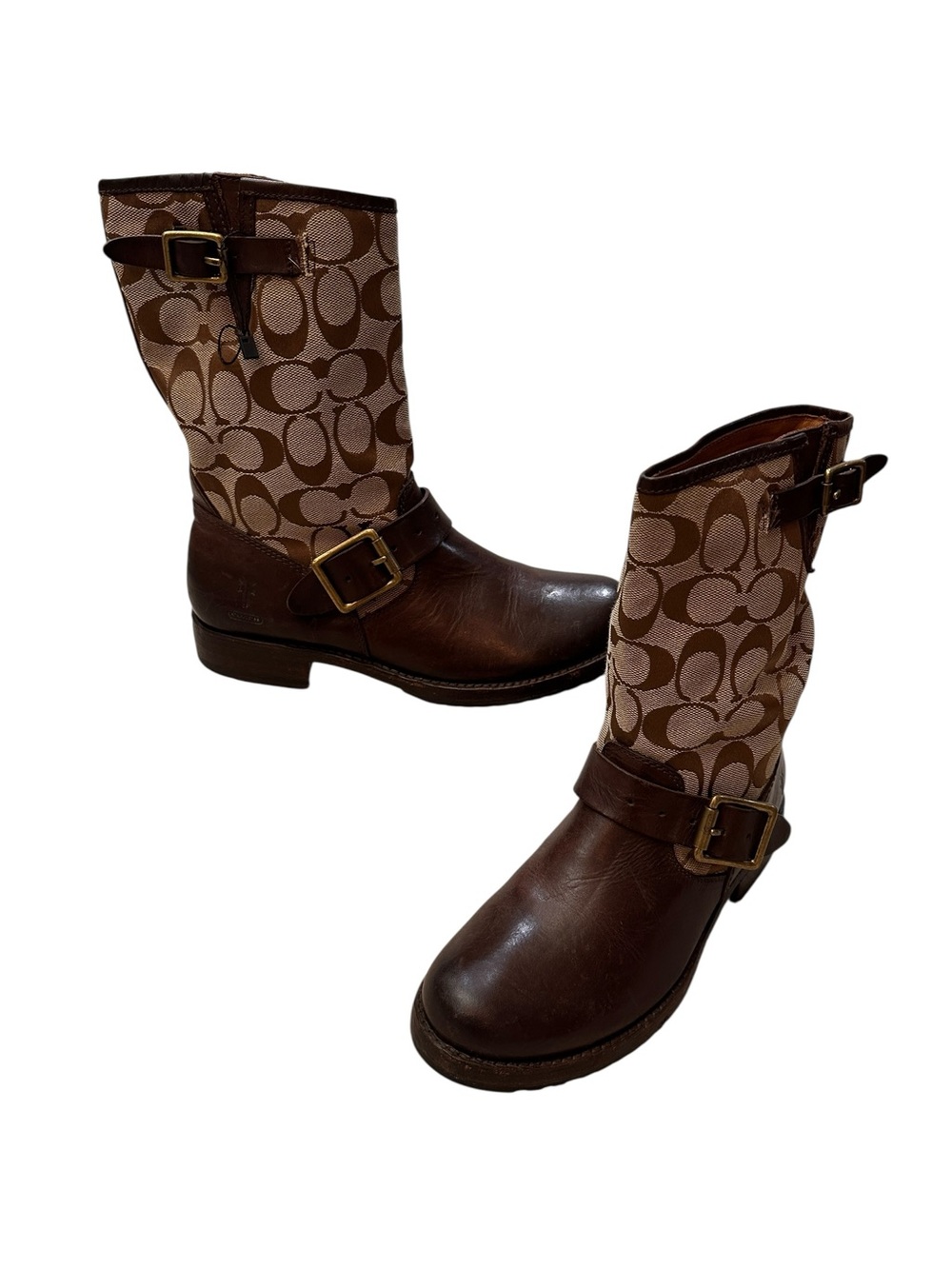 Coach Frye Veronica Signature Canvas Brown Leather Buckle Mid Calf Boots 6.5B